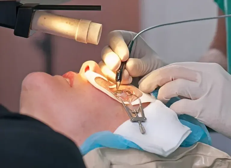 Paciente observando un equipo de cirugía refractiva láser